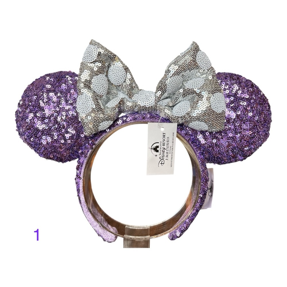 Disney Minnie Mouse Purple Ears Silver Polka Dot Bow Sequin Headband Ears NWT 1